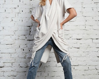 Asymmetrical Tunic / Grey Tunic / Maxi Tunic / Asymmetric Tunic / Short Sleeve Tunic / Loose Tunic Top / Wrap Tunic / Boho Wrap Top METT0243