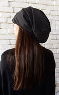 Black Cotton Slouchy Beanie: Asymmetric Drape Hat МЕТА0017 product logo