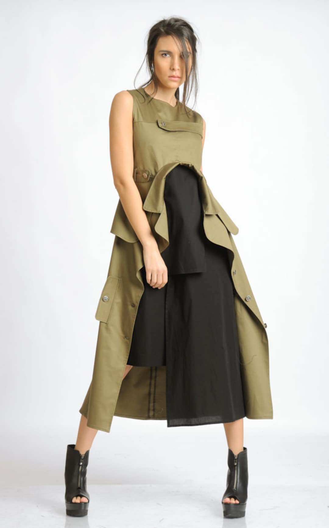 Asymmetrc A-line Dress/extravagant Button Dress/sleeveless Fashionable ...