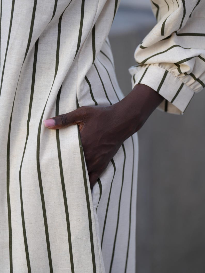 Oversize Jumpsuit on Khaki Stripes / Maxi Free Overall / Linen Cotton Set - METJ0028_Khaki image 8