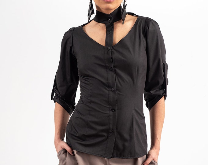Open Front Shirt /  Black Shirt With Cut Out Detail / Extravagan Clothing
