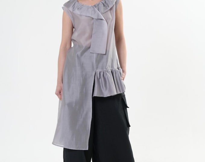 Asymmetric Sheer Tunic In Silver / Transparent Top / High-Low Avant-Garde Top - METT0278_Silver