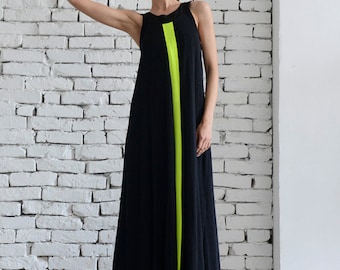 Black Maxi Dress with Neon Line: Oversize Kaftan Stage Dress METD0033