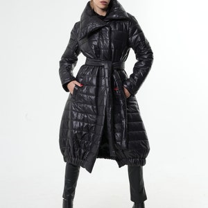 Long Coat with Belt/Oversize Shiny Jacket/Black Puffer Coat/Casual Warm Puffy Coat/Cozy Collared Jacket/Winter Belted Coat METC0085