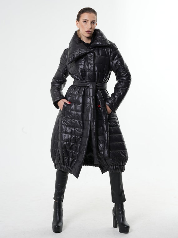 Long Down Coat with Belt/Oversize Shiny Jacket/Black Puffer Coat/Casual Warm Puffy Coat/Cozy Collared Jacket/Winter Belted Coat METC0085