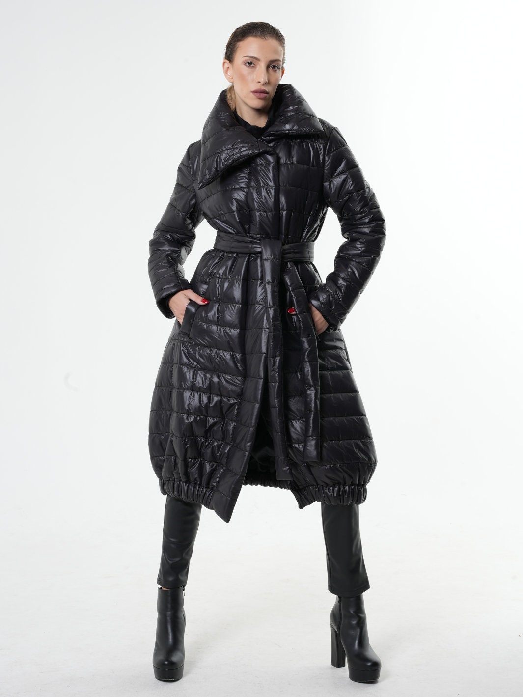 Long Coat With Belt/oversize Shiny Jacket/black Puffer Coat Long Coat With Belt/oversize Shiny Jacket/black Puffer Coat