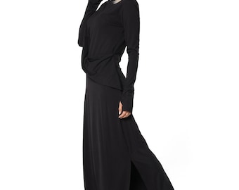 Black Cotton Maxi Dress with Crossover Front, Long Sleeves and Side Slits METD0284