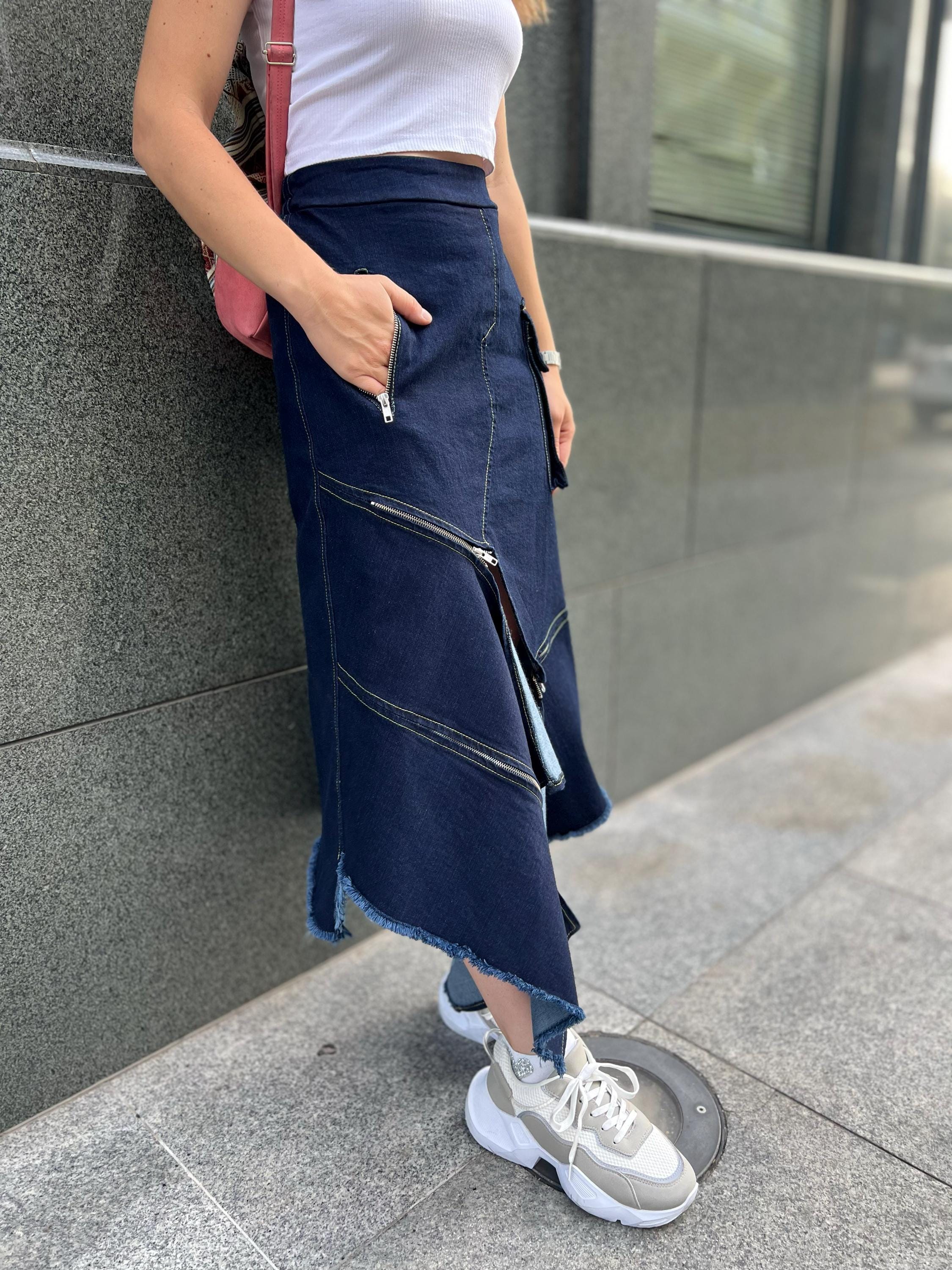 Extravagant Denim Skirt / Asymmetric Long Skirt With Zippers