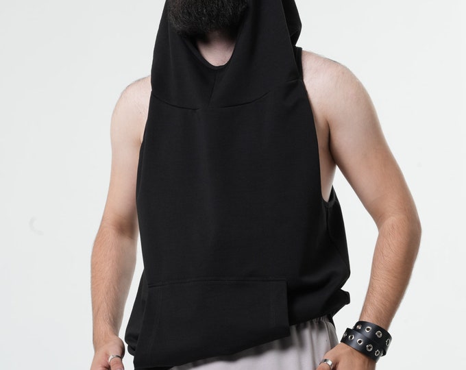 NEW Hooded Vest Men / Open Back Top / Streetwear Vest / Long Hoodie Men