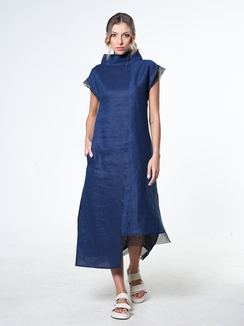 Natural Grey asymmetrical design Cotton Linen Long Dress Summer