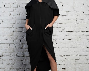 Extravagant Jacket / Asymmetrical Tunic / Ladies Kaftan Dress / Long Black Jacket / Tunic Dress / Plus Size Tunic Tops /Maxi Collar METD0215