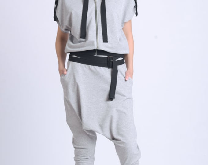 Two Piece Casual Set/Sports Loose Set/Modern Hooded Tracksuit/Zipper Top and Harem Pants Set/Grey Tracksuit with Hood METJ0016