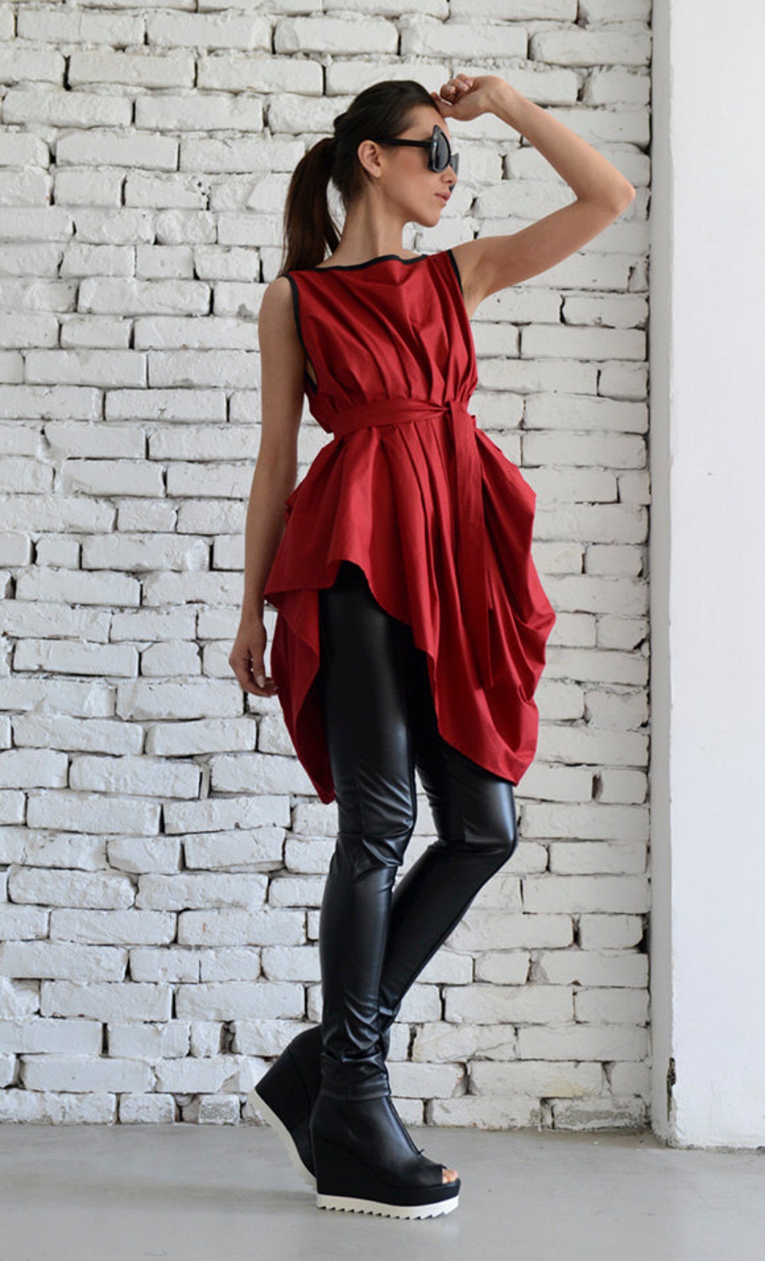 Red Asymmetric Top/sexy Red Tunic/loose Belt Vest/sleeveless - Etsy