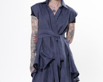 Sleeveless Shirt From Linen Denim - Extravagant Long Top In Blue METT0295