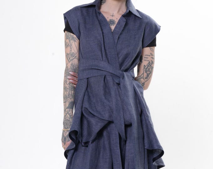 Sleeveless Shirt From Linen Denim - Extravagant Long Top In Blue METT0295