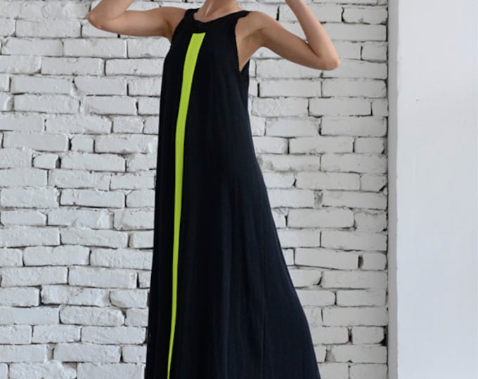 Mesh Black Dress With Neon Accent / Maxi Sleeveless Dress - METD0033