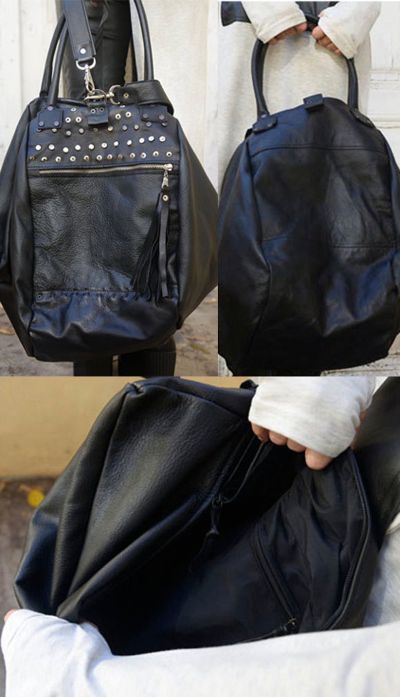 Maxi Black Leather Bag / Multiple Straps Tote / Large Shoulder Bag / Fringe Tassel Genuine Leather Bag / Duffle Bag by METAMORPHOZA image 5