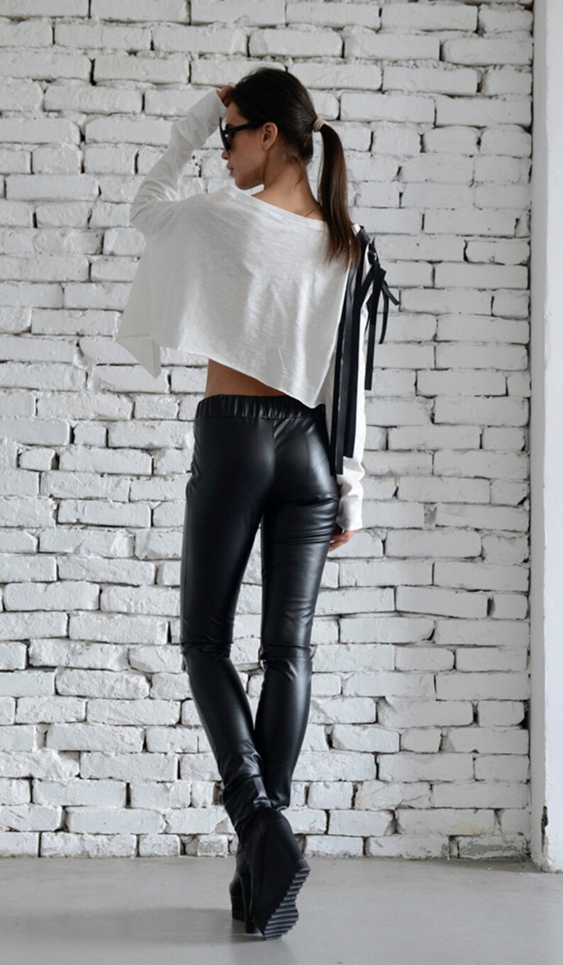 Extravagant Crop Top/White Blouse/Leather Fringe Shirt/Long Sleeve White Top/Crop Top Sweater/Asymmetric Tank Top/Black and White Casual Top image 4