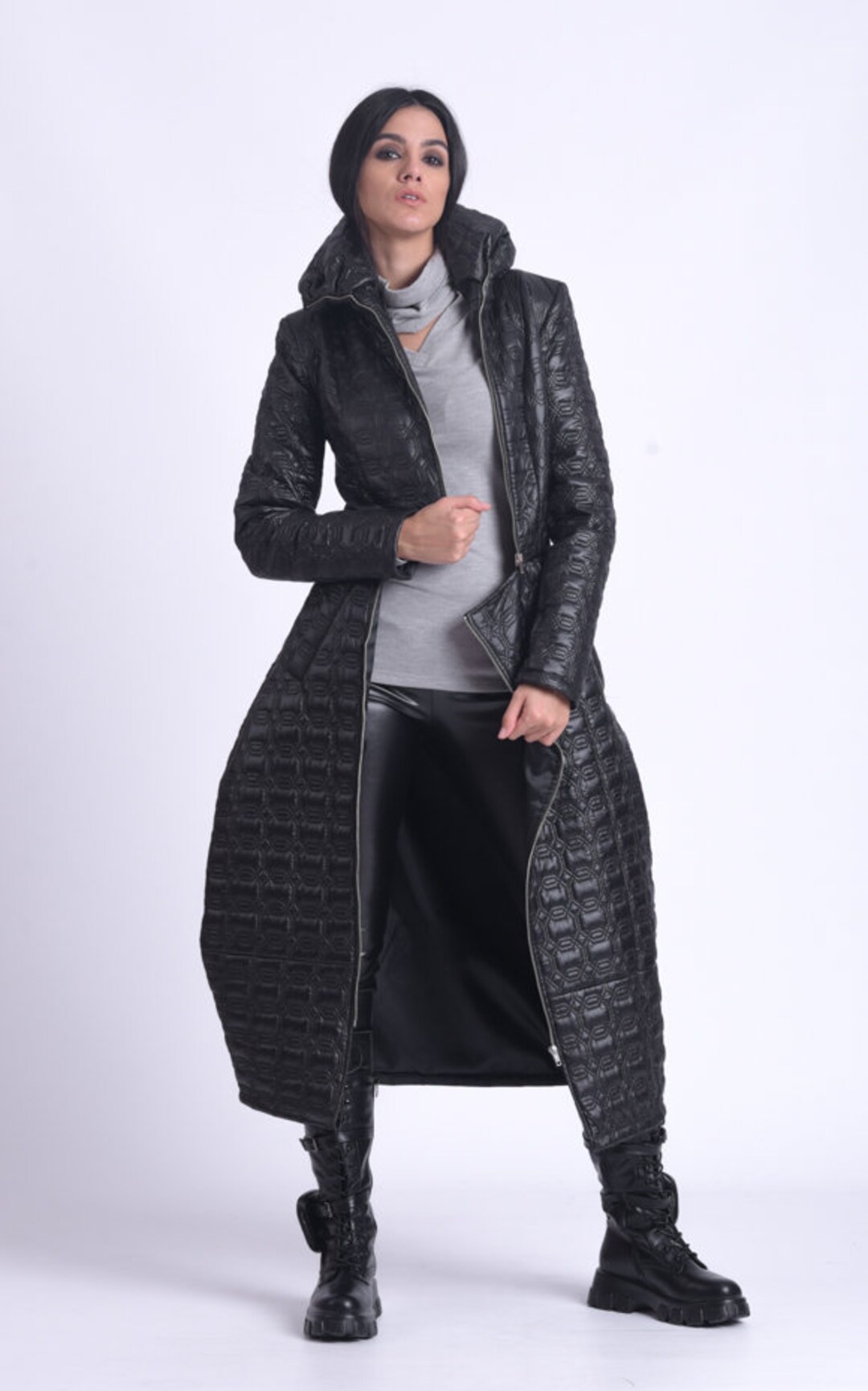 Long Puffer Coat/black Dress Coat/long Jacket/winter Zipper Coat/long