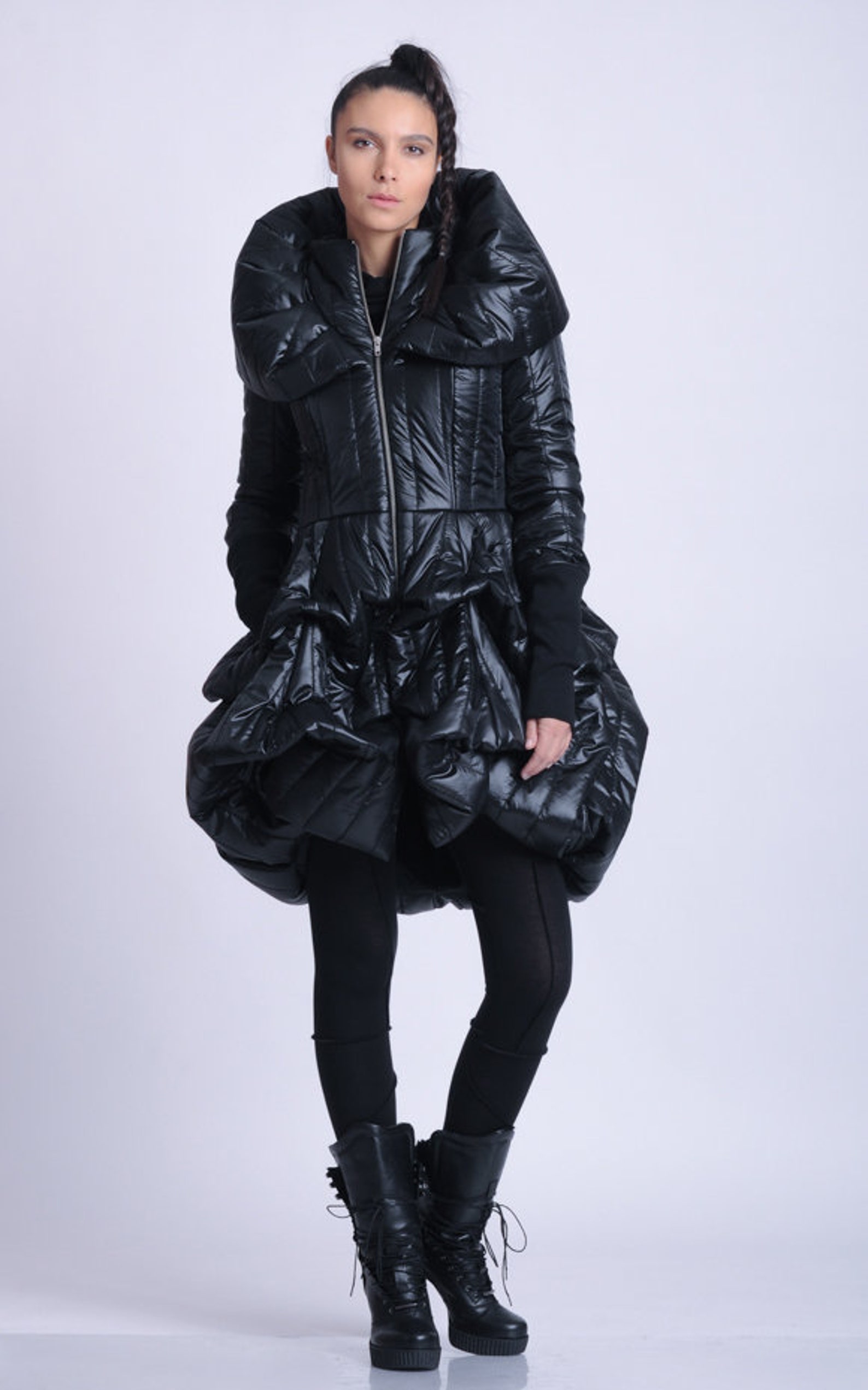 Extravagant Puffy Coat/Black Dress Coat/Oversize Collar | Etsy