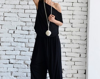 Loose Black Jumpsuit/Fallen Sleeve Jumpsuit/Long Jumpsuit/Maxi Jumpsuit/Black Loose Romper/Wide Leg Jumpsuit/Black Maxi Jumpsuit METJ0003