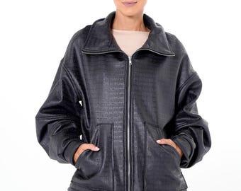Faux Suede Textured Coat with Zipper - Oversized Croc-Effect Jacket in Black –  METC0156