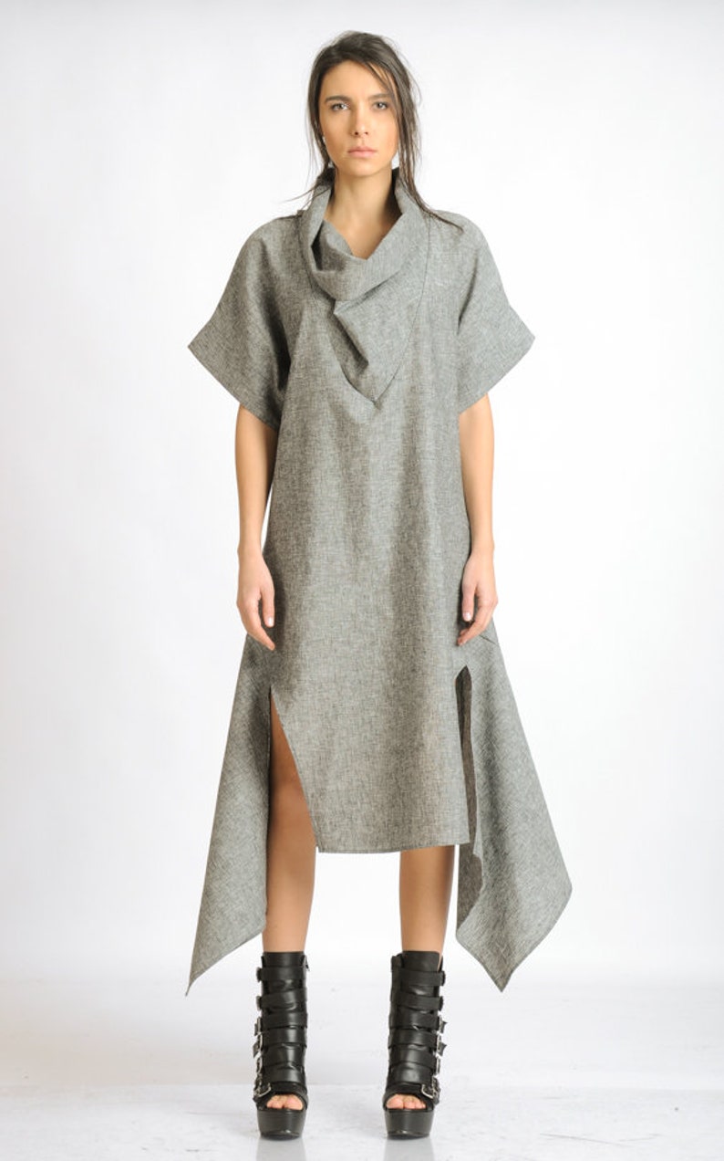 Grey Linen Dress/asymmetric Casual Tunic Dress/short Sleeve | Etsy