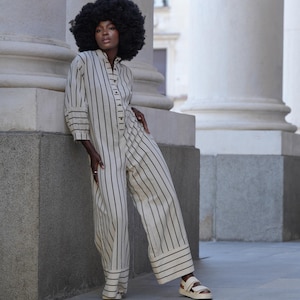 Oversize Jumpsuit on Khaki Stripes / Maxi Free Overall / Linen Cotton Set - METJ0028_Khaki