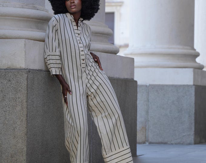 Oversize Jumpsuit on Khaki Stripes / Maxi Free Overall / Linen Cotton Set - METJ0028_Khaki