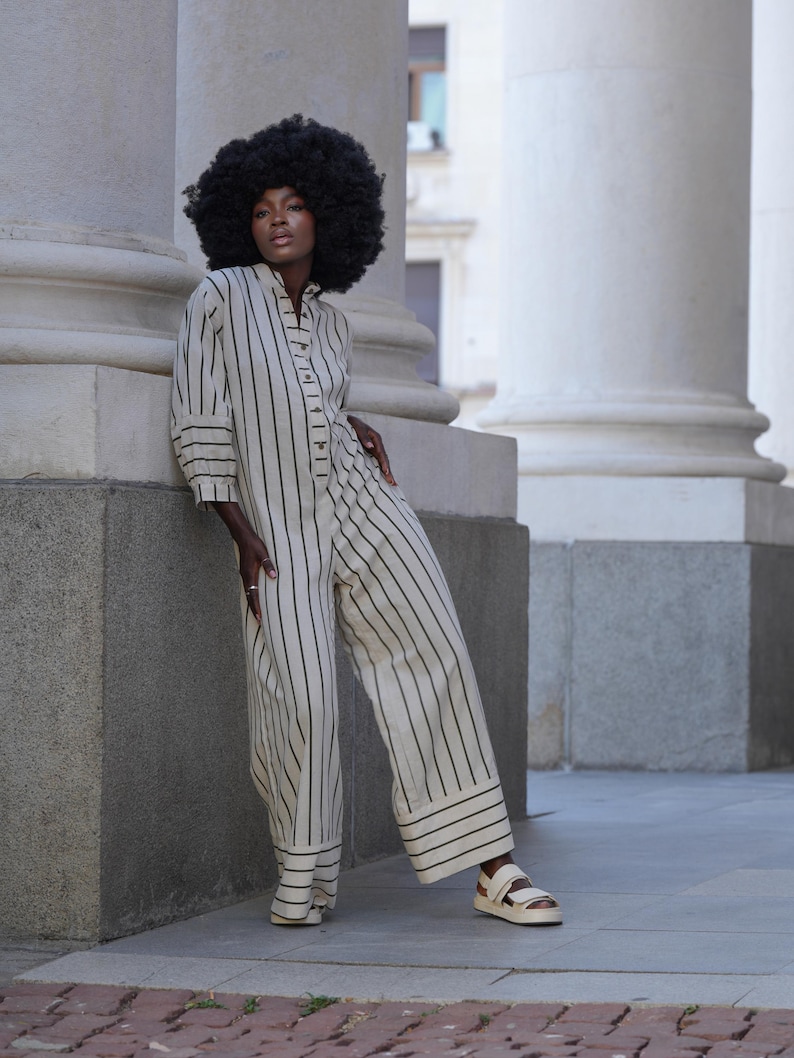 Oversize Jumpsuit on Khaki Stripes / Maxi Free Overall / Linen Cotton Set - METJ0028_Khaki image 1