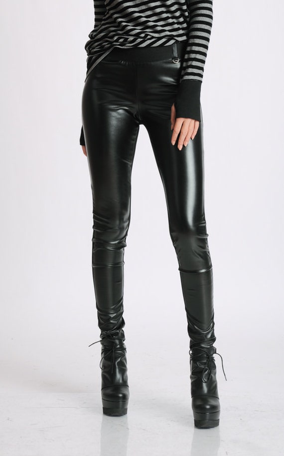 Black Extra Long Leggings/faux Leather Front/cotton Elastic Back