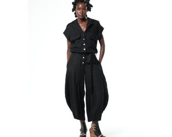 Relaxed Jumpsuit With Linen - Black Onesie - Trendy Women Overall METJ0031