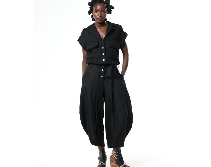 Relaxed Jumpsuit With Linen - Black Onesie - Trendy Women Overall METJ0031