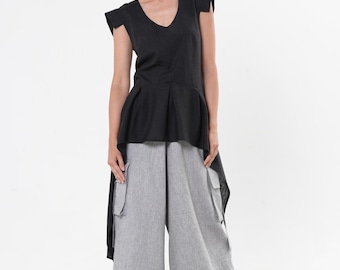 Asymmetric Linen Top In Black / High-Low Tunic Top  METT0273_Black