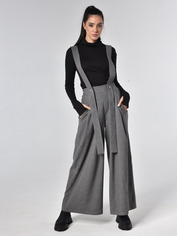 Pantalon large femme / pantalon en laine femme / pantalon en laine femme /  pantalon bretelles / pantalon gris / pantalon gris / pantalon Palazzo femme  - Etsy France