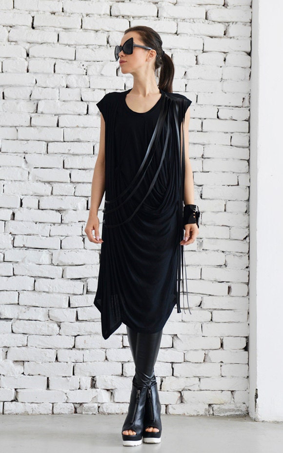 Maxi Black Dress / Leather Tunic / Dress/ Loose Black Dress / Long ...