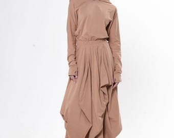 Hooded Midi Dress In Beige - Casual Sporty Dress  METD0263
