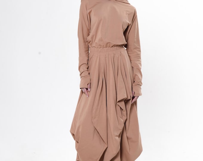 Hooded Midi Dress In Beige - Casual Sporty Dress  METD0263