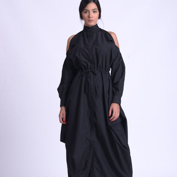 Extravagant Loose Shirt Dress/Black Naked Shoulder Dress/Asymmetric Tunic Dress/Adjustable Waist Loose Dress/Black Maxi Dress METD0159