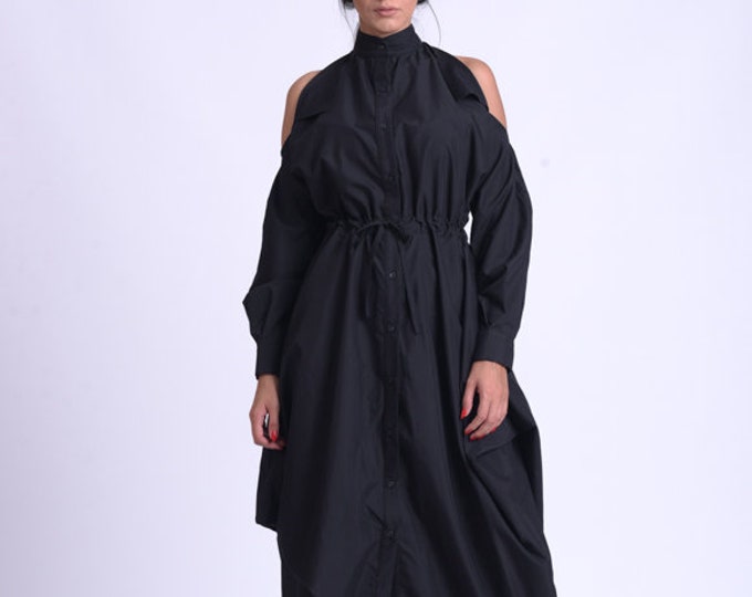 Extravagant Loose Shirt Dress/Black Naked Shoulder Dress/Asymmetric Tunic Dress/Adjustable Waist Loose Dress/Black Maxi Dress METD0159