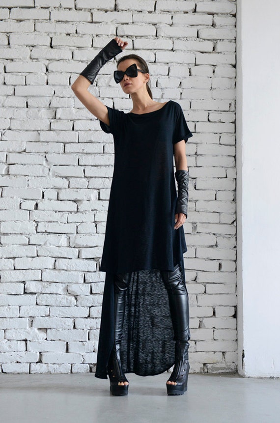 Loose Long Black Top oversize Tunic asymmetric Short Black Dress