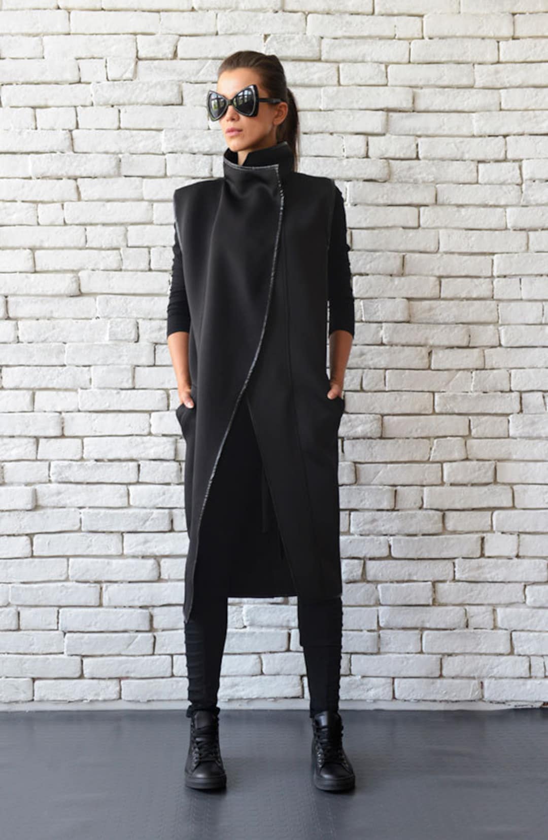 Long Black Vest/loose Neoprene Coat/extravagant Sleeveless Jacket/plus ...