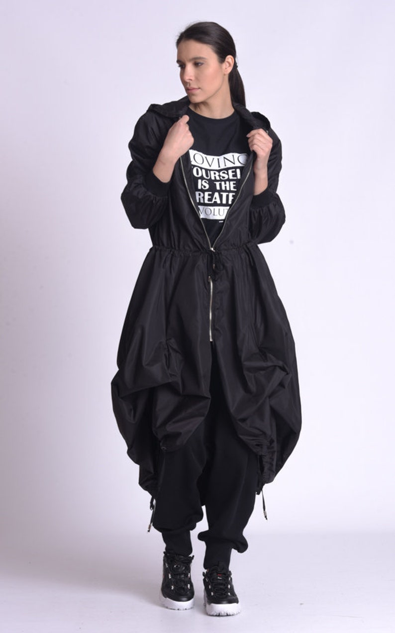 Black Long Raincoat / Hooded Raincoat Women / Oversize Jacket / Plus Size Clothing image 9