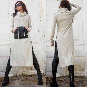 Long Grey Sexy Tunic/Black Leather Pocket Dress/Long Sleeve Long Top/Turtle Neck Extravagant Tunic/Casual Grey Dress with Slits METT0011