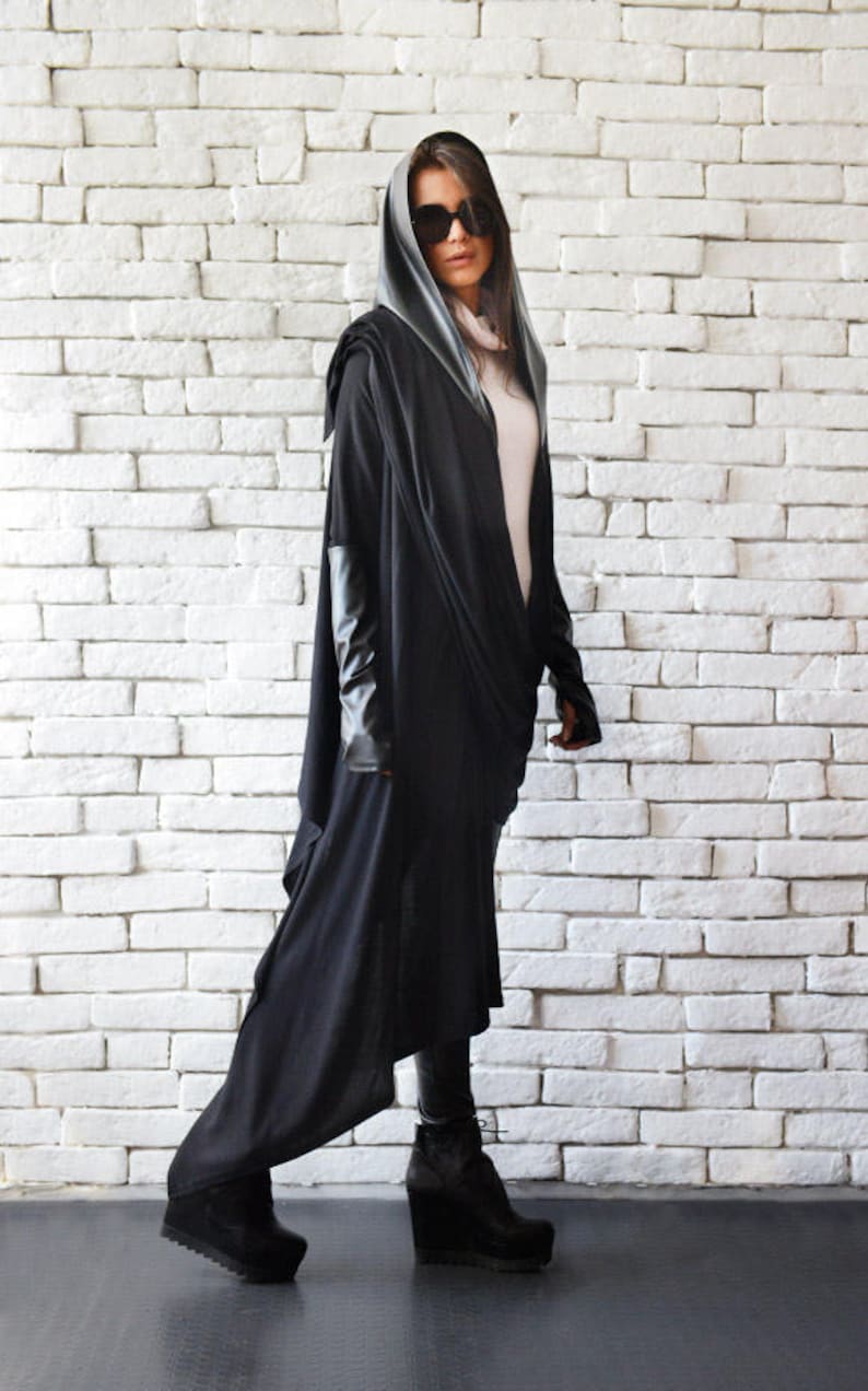 Black Asymmetric Loose Top/leather Hood Tunic/plus Size Long - Etsy