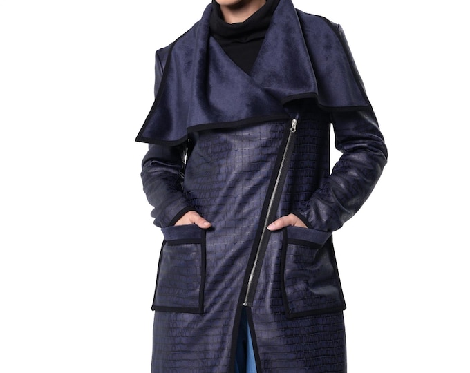 Dark Blue Embossed Blazer / Animal Print Suede Jacket / Blue Winter Coat