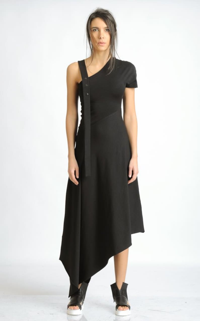 Black Asymmetric Dress/Extravagant Loose Dress/Oversize Long Tunic with One Sleeve/Dress with Studs/Casual Black Dress METD0121 image 1