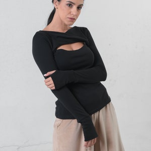 Fitted Long Sleeve Top / Cut Out Top / Cutout Neckline Top / Cocktail Top / Yoga Long Sleeve Top / Thumb Hole Top / Christmas Gift image 1