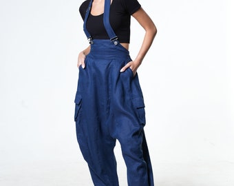 Linen Jumpsuit / Blue Harem Pants / Loose Jumpsuit With Pockets