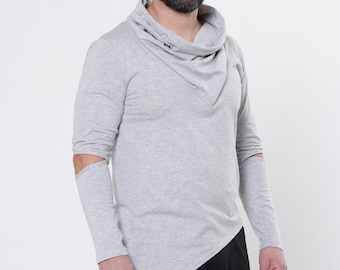 Men’s Scarf Neck Top with Sleeve Cutouts In Gray - Asymmetrical Long Sleeve Tee METMT0012
